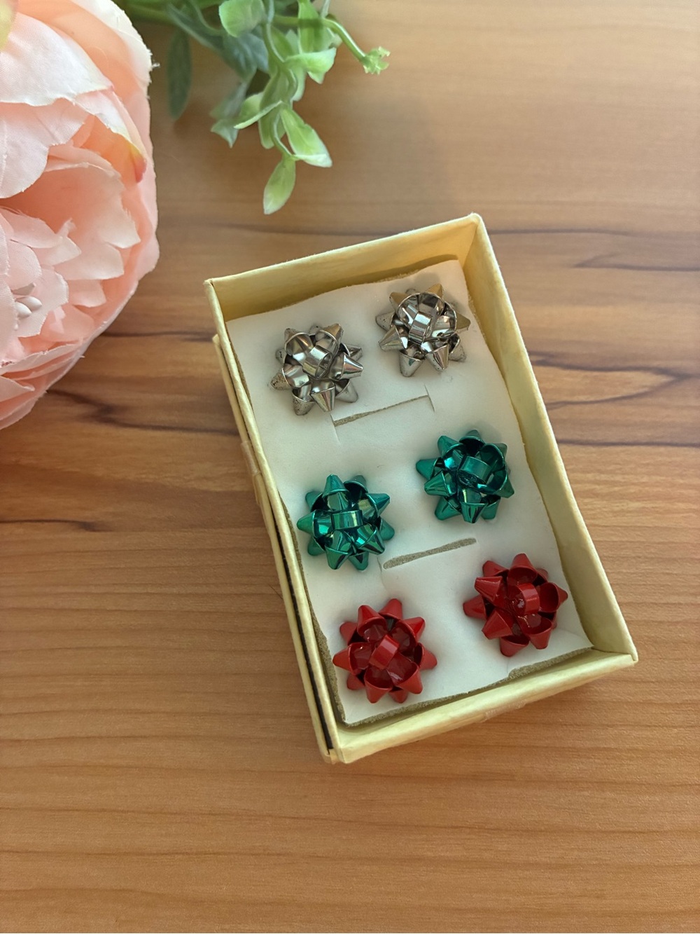 Festive Bow Stud Earrings Set — Red, Green, Silver